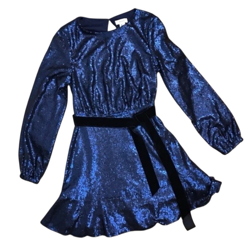 JAY x Jay Godfrey Navy Blue Sequin Long Sleeve Black Velvet Belt Dress Size 8